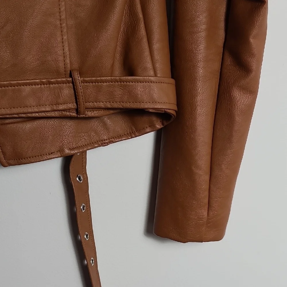 LOVE TREE Tan Vegan Leather Moto Jacket Brown Zip Up Size Small - Picture 13 of 16